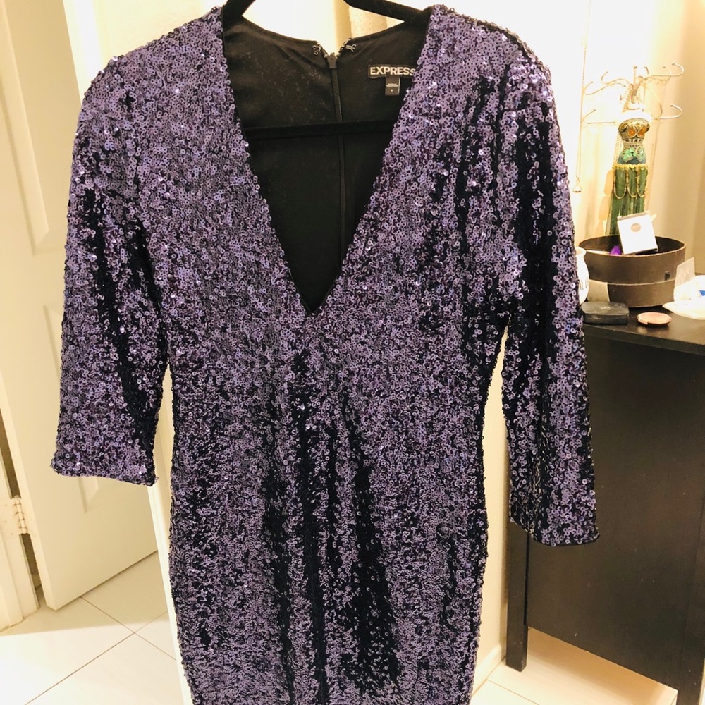 Express low cut blue sparkly dress